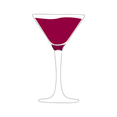 one triangular glass goblet with a dark pink or burgundy cocktail drawn with one solid continuous line on a white background