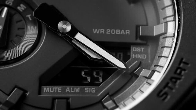 Black waterproof Watch for extreme close-up views with hands and dial. Use for sports tourism advertising