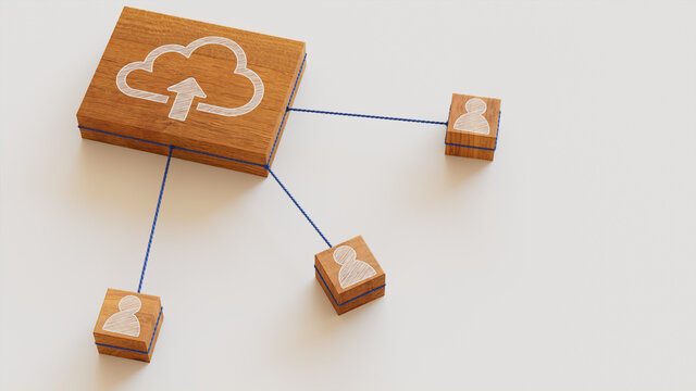Data storage Technology Concept with cloud upload Symbol on a Wooden Block. User Network Connections are Represented with Blue string. White background. 3D Render.