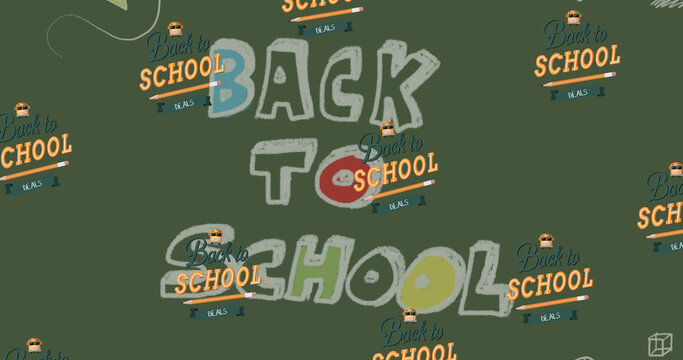 Image of repeated text back to school and pencil moving over green with back to school in chalk