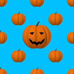drawing of pumpkin images on a blue background. template for overlaying on the surface. in the center is a large pumpkin with a carved smile. Hellowing symbol. 3d rendering. 3d imag