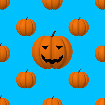 drawing of pumpkin images on a blue background. template for overlaying on the surface. in the center is a large pumpkin with a carved smile. Hellowing symbol. 3d rendering. 3d imag