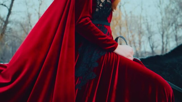 Video with noise. female hands hold the reins, face cropped. Medieval woman princess in vintage red dress walks sits rides astride black horse. Girl rider in motion. Background forest winter nature