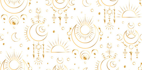 Seamless golden moon esoteric pattern. Contour space sacred decoration. Vector magic texture with stars, crescent and sun on white background. Luxurious witchcraft ornament.