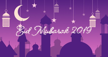 Fototapeta na wymiar Glittery Eid Mubarak greeting for 2019 with mosques and lanterns with moon and stars