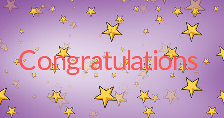 Image of floating golden stars and congratulations on pink background