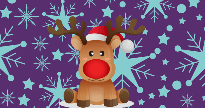 Image of christmas decoration with reindeer and blue snowflakes over purple background