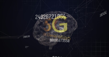Multiple changing numbers and 5g text against human brain spinning on black background