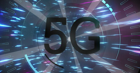 5G text over glowing spot of light against moving light trails 