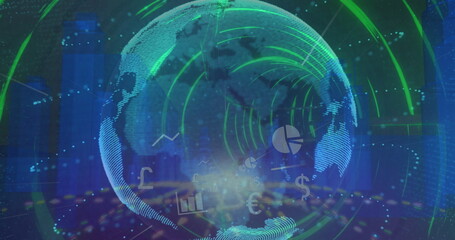 Spinning globe over 3D city model against glowing tunnel