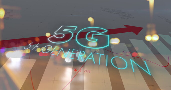 Image of 5g 5th generation text over arrow pointing up with statistics and cityscape
