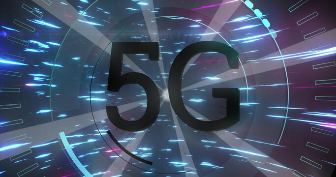 5G text over glowing spot of light against moving light trails 