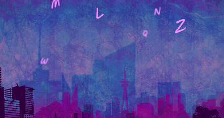 Image of falling letters over cityscape