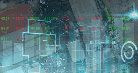 Obraz premium Statistical and stock market data processing against aerial view of cityscape