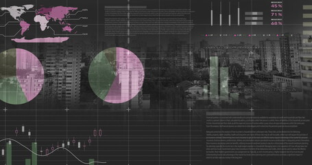 Financial data processing over grid network against cityscape in background