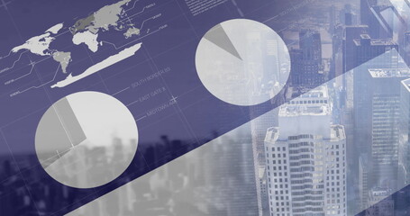 Financial and and statistical data processing against cityscape in background