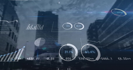 Financial and statistical data processing against tall buildings in background