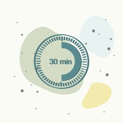A clock icon indicating a time interval of 30 minutes. thirty minutes on the clock on multicolored background.