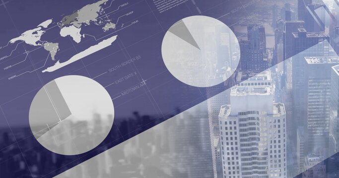 Financial and and statistical data processing against cityscape in background