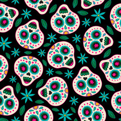 Colorful Seamless Pattern with Traditional Mexican Hand Drawn Skull.