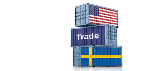 Shipping containers with Sweden and USA flag. 3D Rendering 