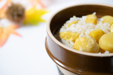 秋の味覚、栗ご飯のクローズアップ