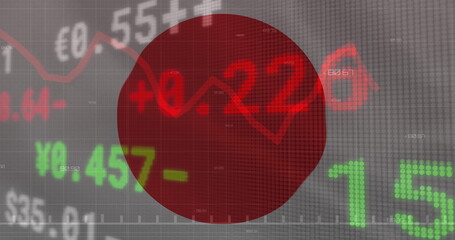 Image of financial statistics recording over flag of japan