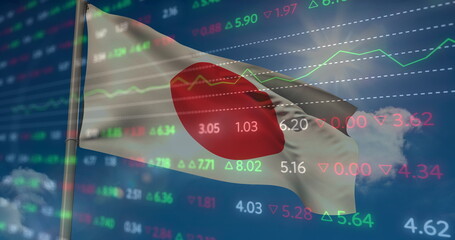 Image of financial statistics recording over flag of japan waving