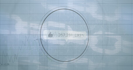 Thumbs up icon and increasing likes against statistical data processing on grey background
