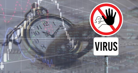 Image of financial data recording and vintage watch with stop virus sign