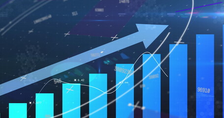 Digital image of multiple changing numbers over statistical data processing on blue background