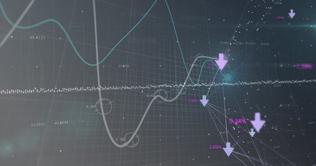 Image of lines and numbers changing, arrows and data processing over grid