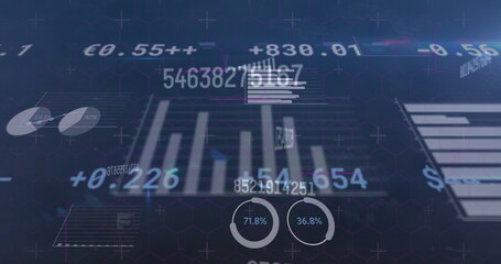 Image of numbers changing over statistics recording and financial data processing