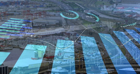 Image of statistics and financial data processing over cityscape