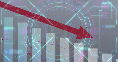 Image of scope scanning and financial data processing with arrow pointing down