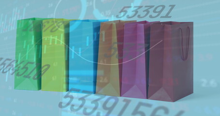 Image of numbers changing and financial data processing over row of shopping bags