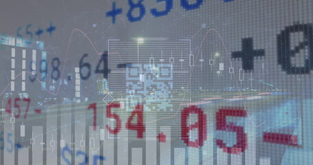 Image of qr code and financial data processing over cityscape