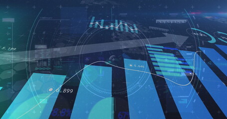 Image of scope scanning, arrow with statistics and financial data processing over cityscape