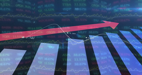 Image of red arrow with statistics and financial data processing