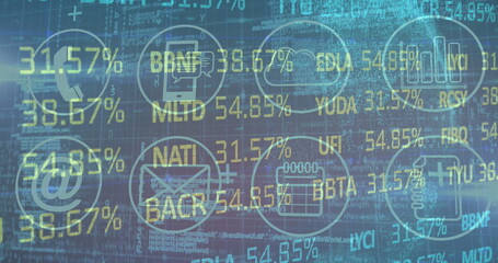 Digital image of stock market data processing against digital icons on blue background