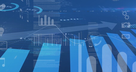 Digital image of financial data processing and digital icons moving against blue background