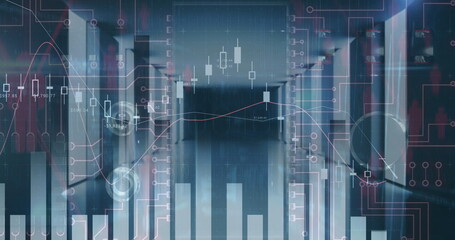 Digital image of financial data processing against empty server room