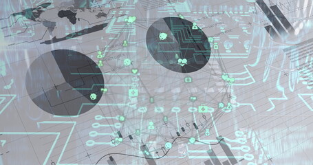 Digital image of microprocessor connections against financial data processing on white backgroun
