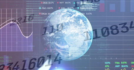 Digital image of multiple changing numbers over globe against financial data processing