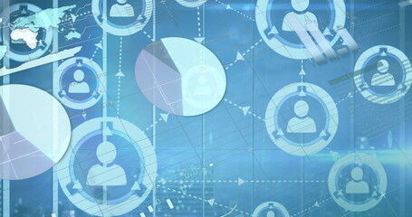 Image of connected people icons with floating financial graphs