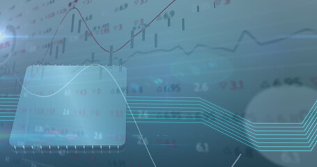 Image of financial data processing over computer chip and glowing links