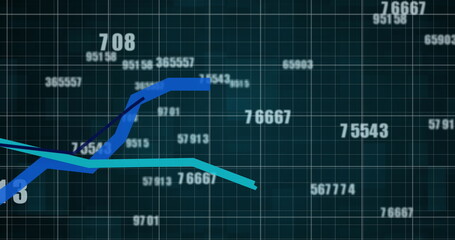 Image of blue lines ascending numbers changing financial data processing