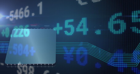 Image of financial data processing over computer chip and blue links