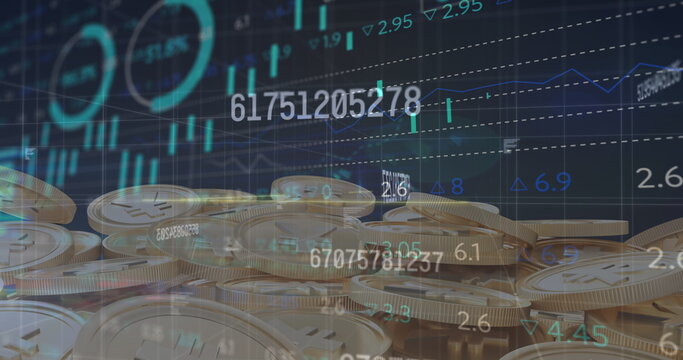Image of numbers changing and data processing over gold yen coins