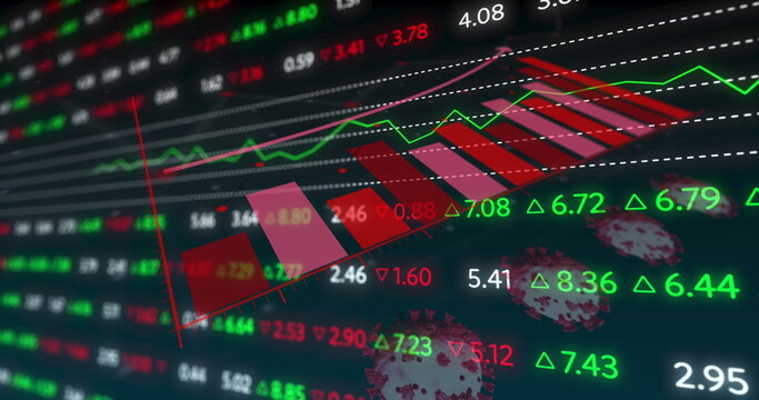 Image of financial data processing and statistics recording over covid 19 cells - Powered by Adobe